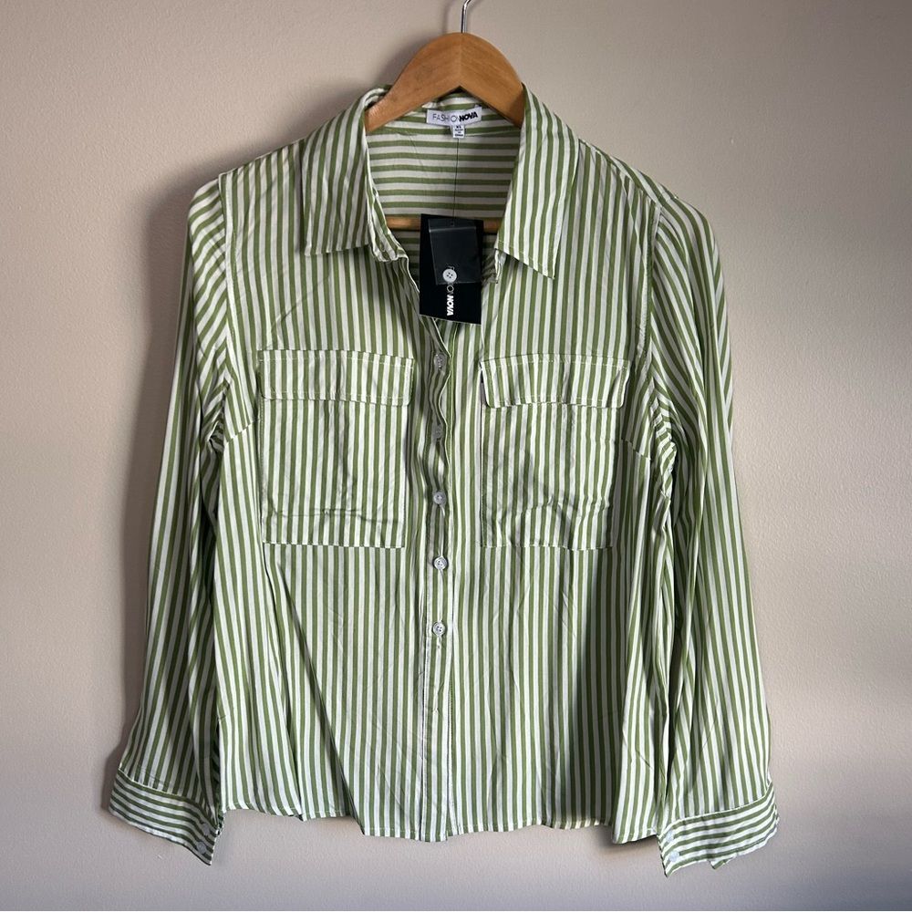 Fashion Nova Green White Pinstripe Long Sleeve Shirt Size XL